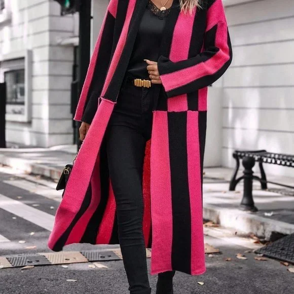 Pink & Black Preppy Womens Two Tone Open Front Longline Cardigan - Picture 5 of 6